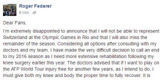 Federer assente a Olimpiadi Rio 2016