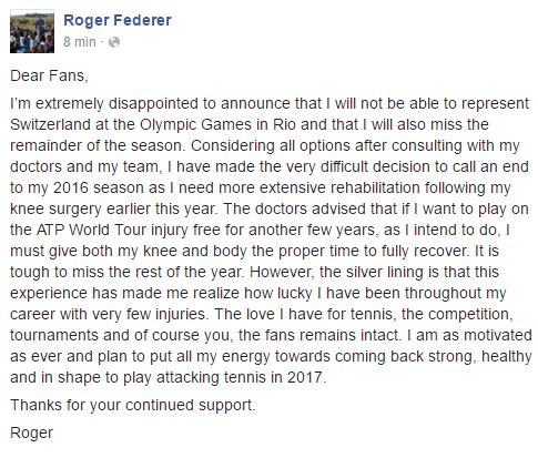 Federer rinuncia a Olimpiadi RIO 2016 Federer assente a Olimpiadi Rio 2016