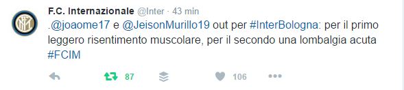 Gioca Ranocchia. Out Murillo e Joao Mario