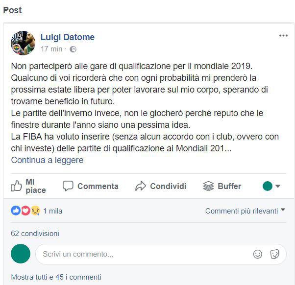 Nazionale Datome non risponderà alla chiamata di Sacchetti Nazionale Datome non risponderà alla chiamata di Sacchetti